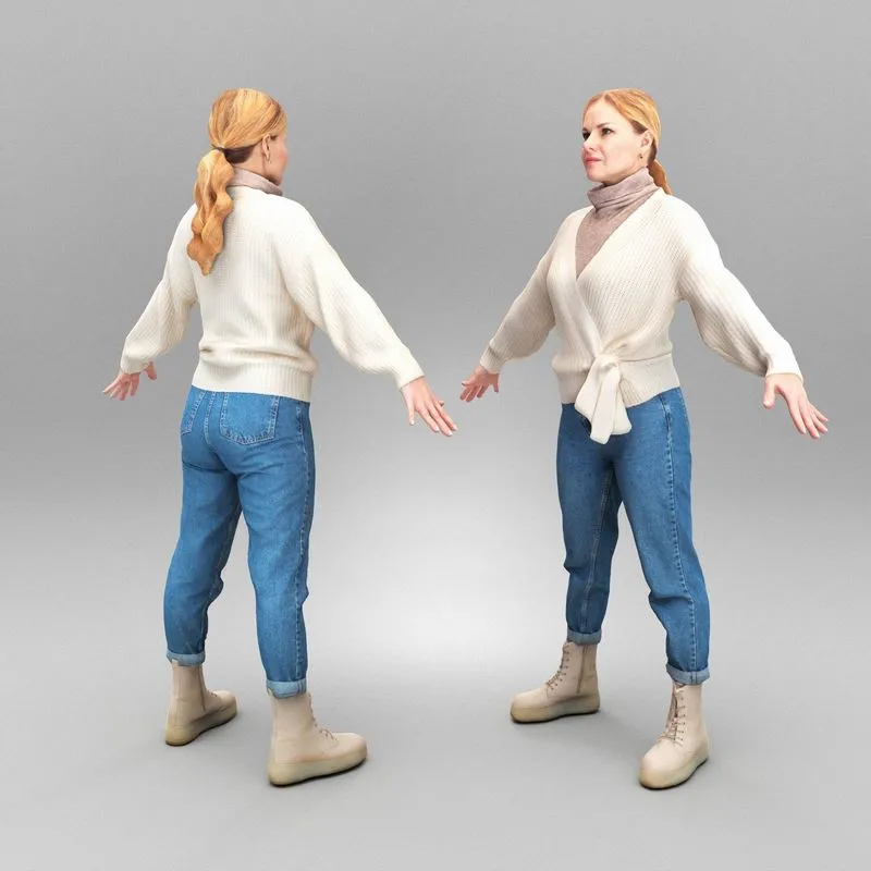 PBR Game 3D Models – Woman in sweater and jeans in A-pose 386