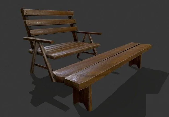 PBR Game 3D Models – Wooden bench and table
