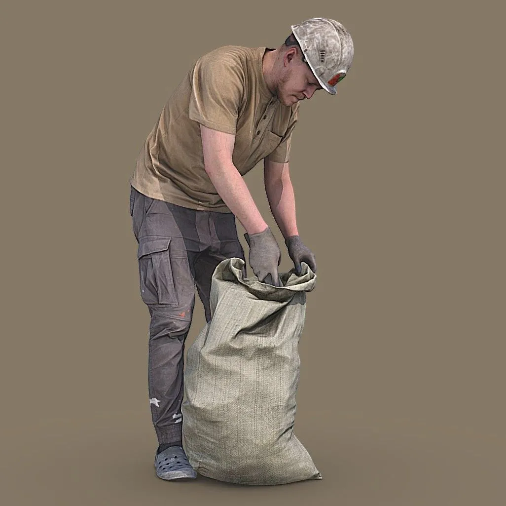 PBR Game 3D Models – Worker Picks Up Garbage In A Bag