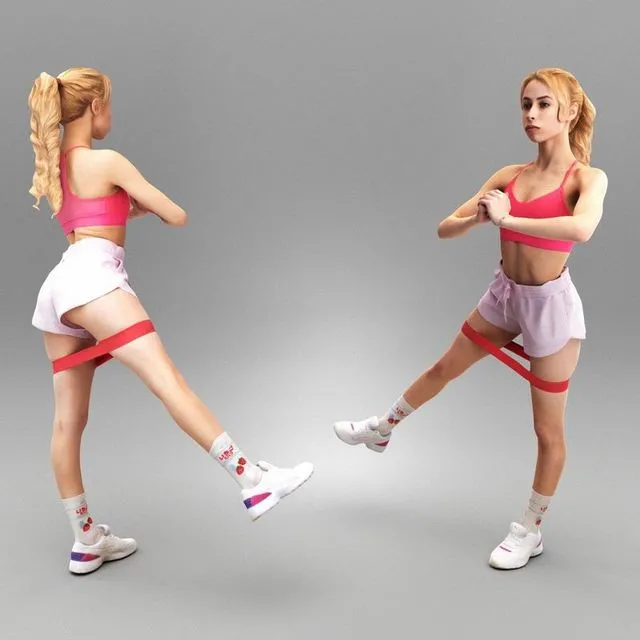 PBR Game 3D Models – Young woman doing exercises with fitness rubber band 340