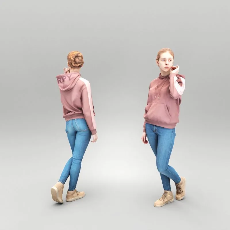 PBR Game 3D Models – Young woman in hoodie walking 426