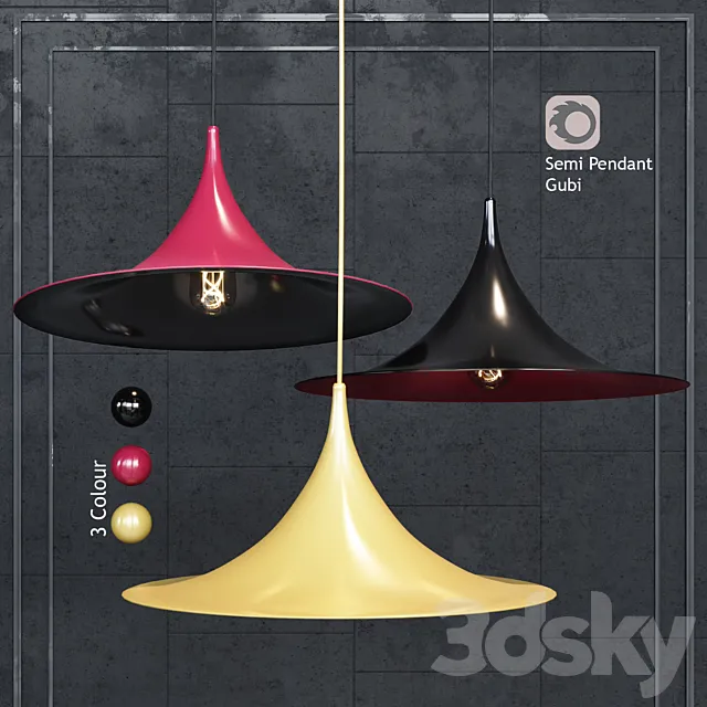 Pendant Lamp Semi Pendant By Bonderup & Thorup for Gubi Black _ Red _ Yellow 3D Model