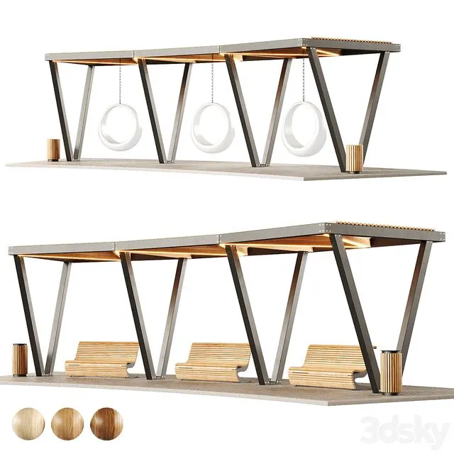 Pergola with swings benches 2 3D Model Pergola with swings benches 2 3D Model
