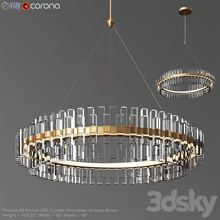 Phoebe 48 Round LED Crystal Chandelier Antique Brass 3D Model Phoebe 48 Round LED Crystal Chandelier Antique Brass 3D Model