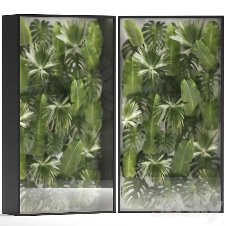 Phytowall and phytobox made of banana palm branches and fan palm leaves in a niche behind a translucent stack. 70. 3D Model Free Download