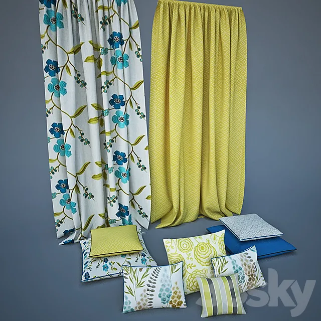 Pillows and curtains with fabrics Harlequin 3D Model Pillows and curtains with fabrics Harlequin 3D Model