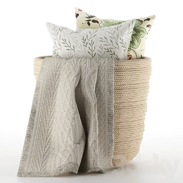 Pillows and plaid in a basket 3D Model