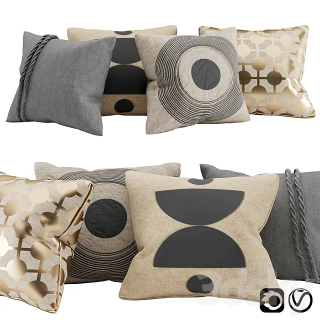 Pillows with gold. black block print and braid 3DModel Pillows with gold. black block print and braid 3DModel
