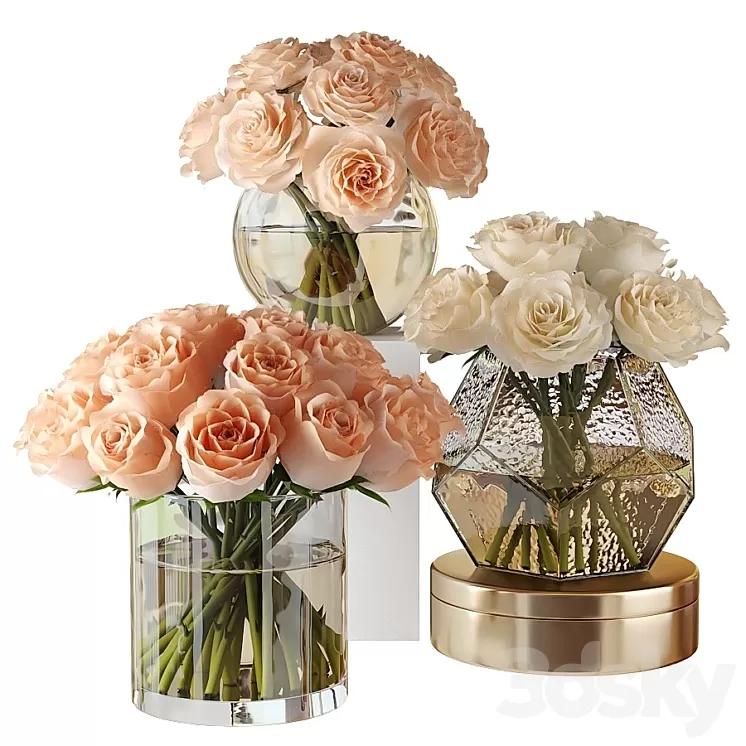 Pink and white roses in glass vases 3D Model