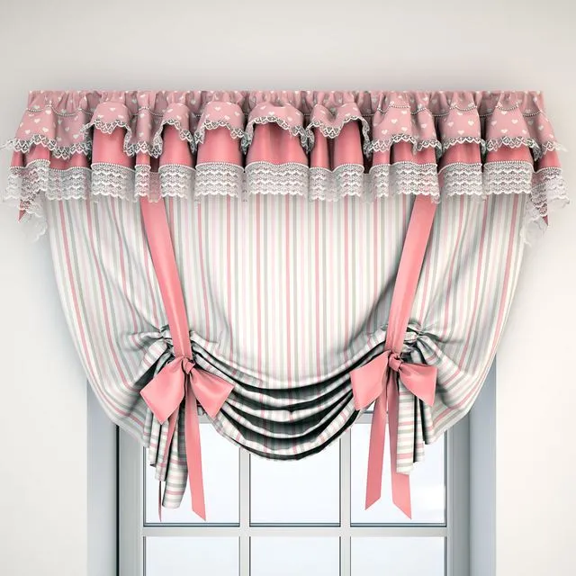 Pink curtain with lace and bows 3D Model