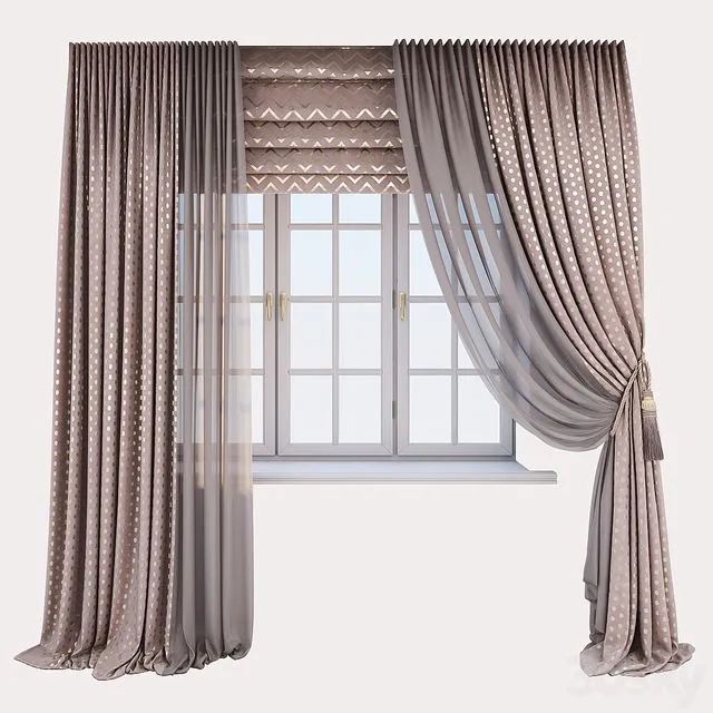 Pink velor curtains with a gold print 3D Model Pink velor curtains with a gold print 3D Model