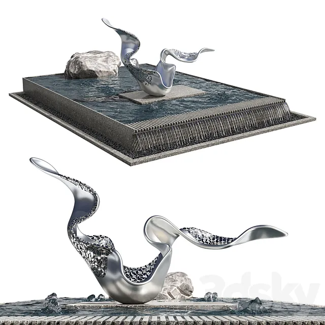 Pond with rock & sculpture 3D Model