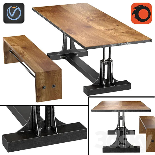 Post Industrial table and bench 3DModel Post Industrial table and bench 3DModel
