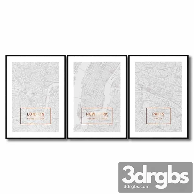 Posters with maps of london paris and new york. 3D Model Download