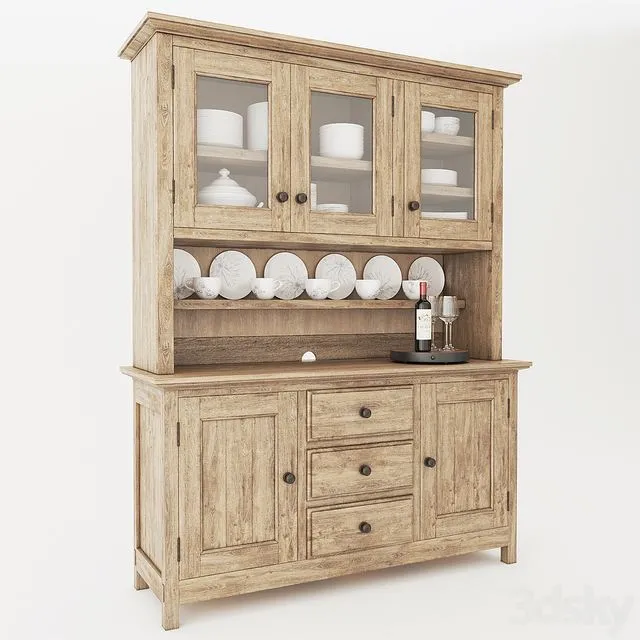 Pottery Barn Benchwright Buffet & Hutch With Decor 3D Model