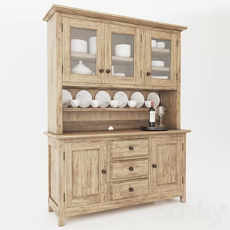 Pottery Barn Benchwright Buffet & Hutch With Decor 3D Model