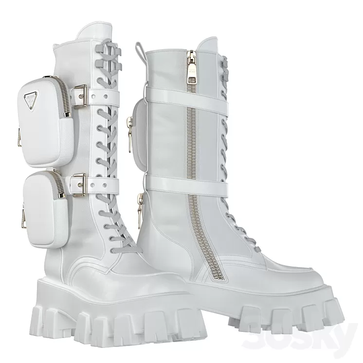 PRADA Brushed rois leather and nylon Monolith boots white 3D Model