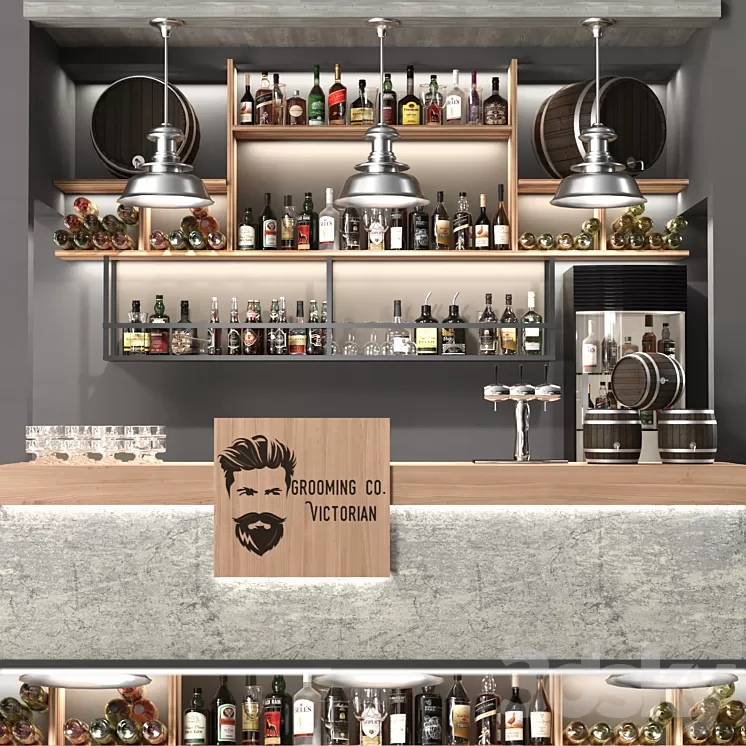 Pub with strong drinks in ethnic style with decorative kegs. Alcohol 3D Model