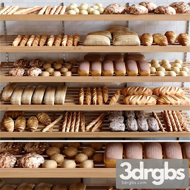 Rack with pastries in a bakery with bread loaf and buns. 3D Model Download