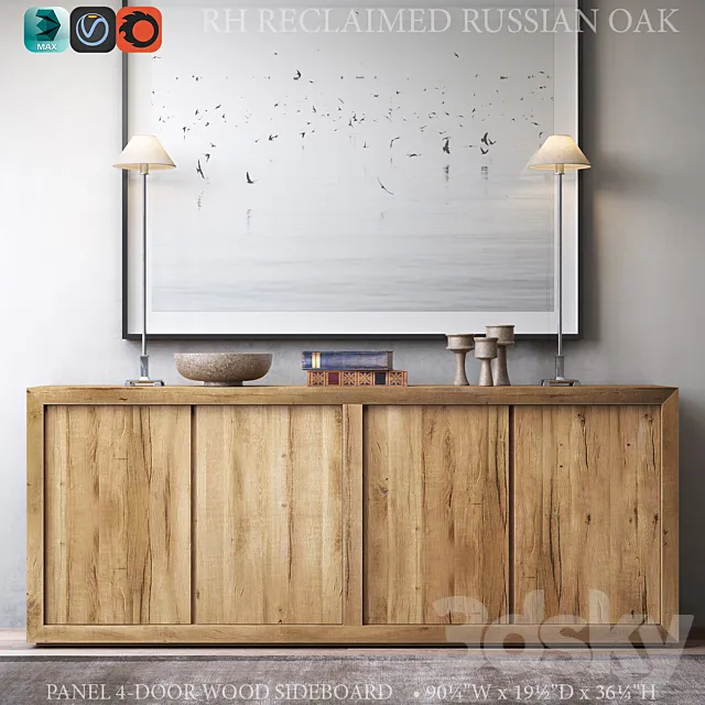 RECLAIMED RUSSIAN OAK PANEL 4-DOOR WOOD SIDEBOARD 3D Model RECLAIMED RUSSIAN OAK PANEL 4-DOOR WOOD SIDEBOARD 3D Model
