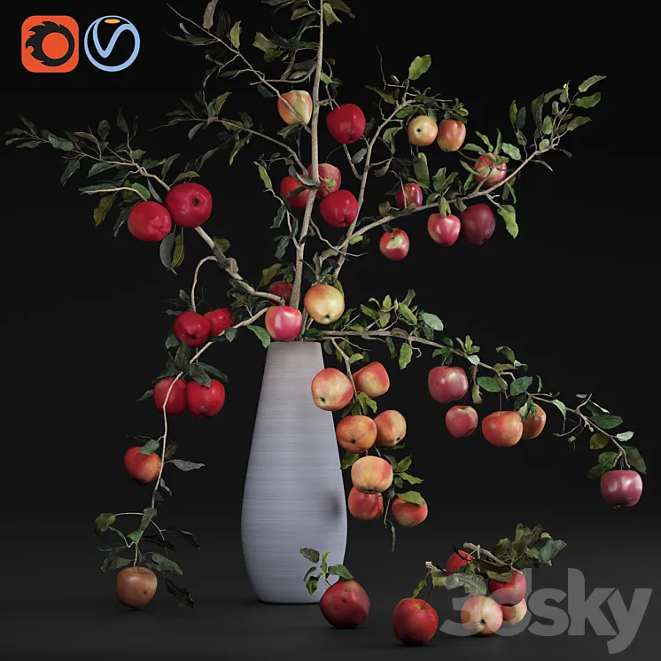 Red Cherry tomato apple branches Dry leaves Vase 3D Model Free Download
