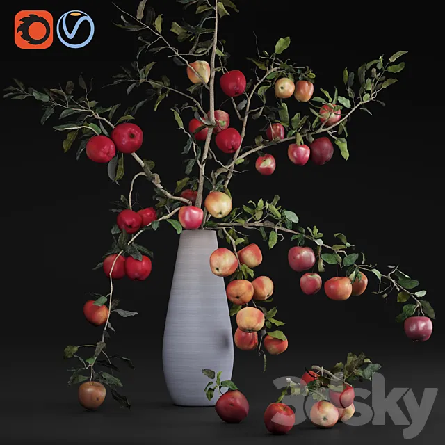 Red Cherry tomato apple branches Dry leaves Vase 3DModel Red Cherry tomato apple branches Dry leaves Vase 3DModel