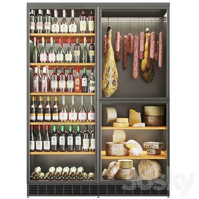 Refrigerator with sausages and jamon in the store 3D Model