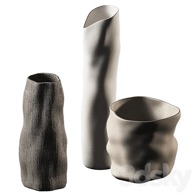Relief vases and pots. Wavy minimal decor. 3D Model
