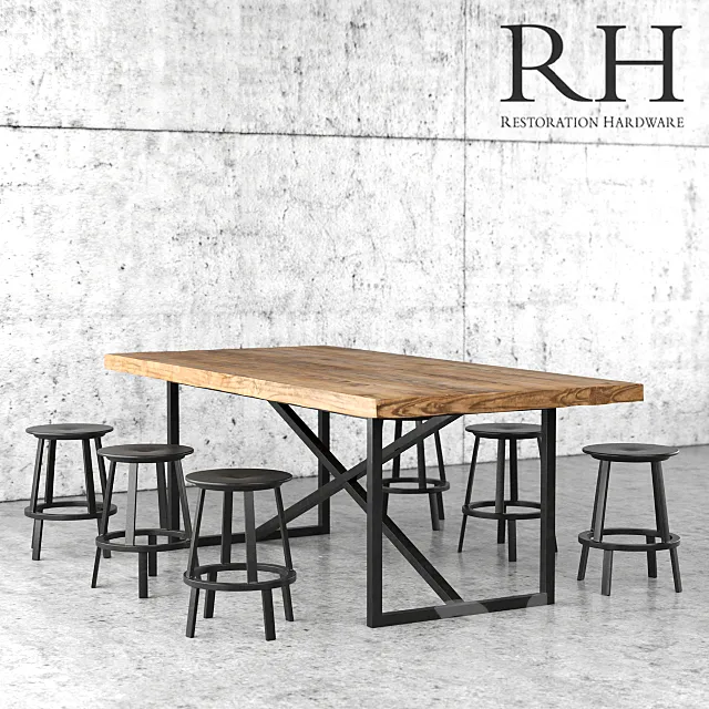 Restoration Hardware dining table and stools 3DModel