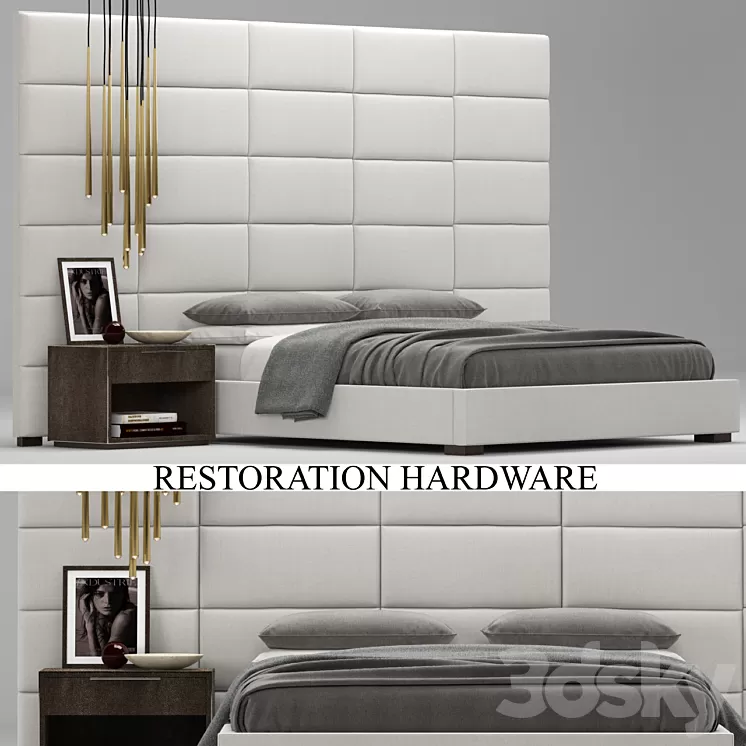 RH Modern custom rectangular channel extended headboard bed 3D Model