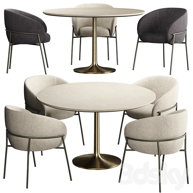 RIMO Chair Brown Marble Dining Table with Brass Base 3D Model