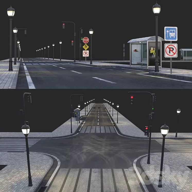 Road and busstop 3D Model