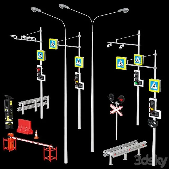 Road elements. Fences traffic lights cameras parking meters 3D Model Road elements. Fences traffic lights cameras parking meters 3D Model