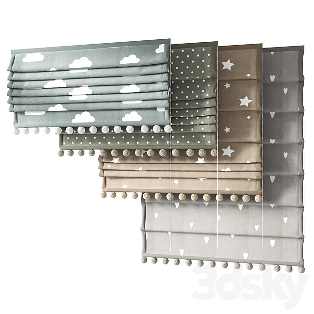 Roman curtains for the nursery with pompoms ZS 01 3D Model