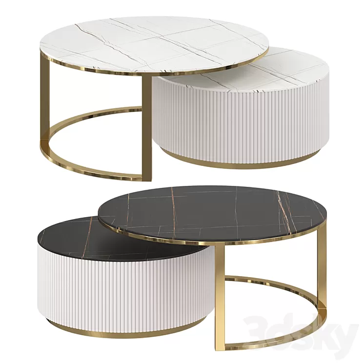 Round modern coffee table with fluted stone top and drawer white with gold 3D Model Free Download