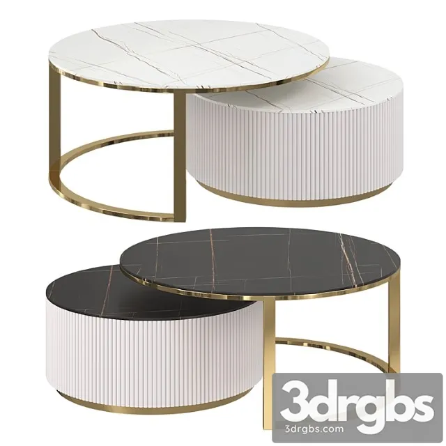 Round modern coffee table with fluted stone top and drawer, white with gold Round modern coffee table with fluted stone top and drawer, white with gold