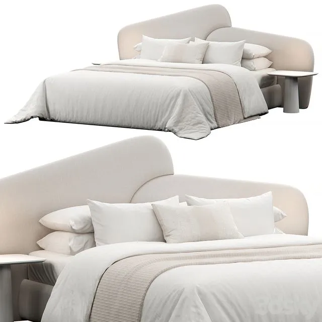 Rounded Linen Upholstered Headboard Bed 3D Model Rounded Linen Upholstered Headboard Bed 3D Model