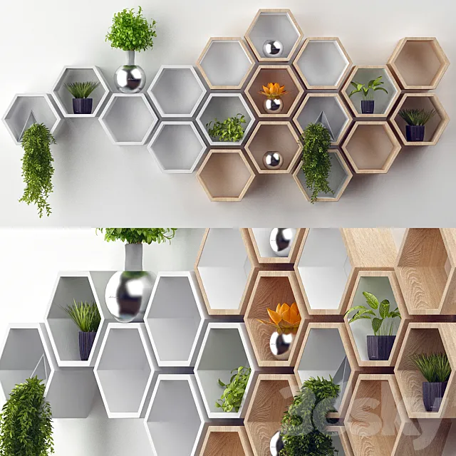 Rustic White Hexagon Wall Shelf in Solid Oak 3D Model Rustic White Hexagon Wall Shelf in Solid Oak 3D Model