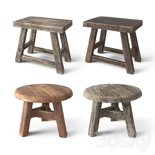 Rustic Wooden Stools 3D Model
