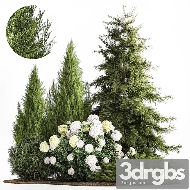 Sad Iz El Sosna Topiar Belyi Kust Gortenziia Tsvety Mozhzhevelnik Alpiiskaia Gorka Nabor Rastenii 1181 3D Model Download