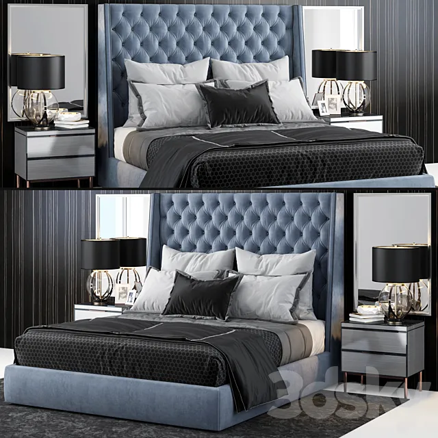 Sandringham Velvet Upholstered Winged Bed 3DModel