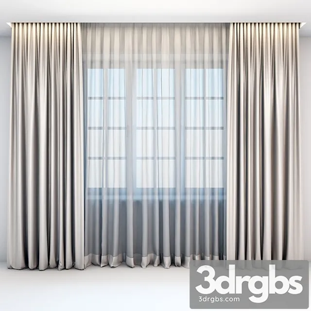 Satin straight beige curtains in the floor and tulle in a modern style 3D Model Download