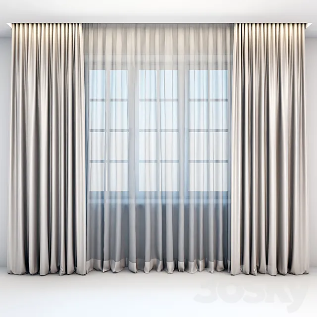 Satin straight beige curtains in the floor and tulle in a modern style 3DModel Satin straight beige curtains in the floor and tulle in a modern style 3DModel