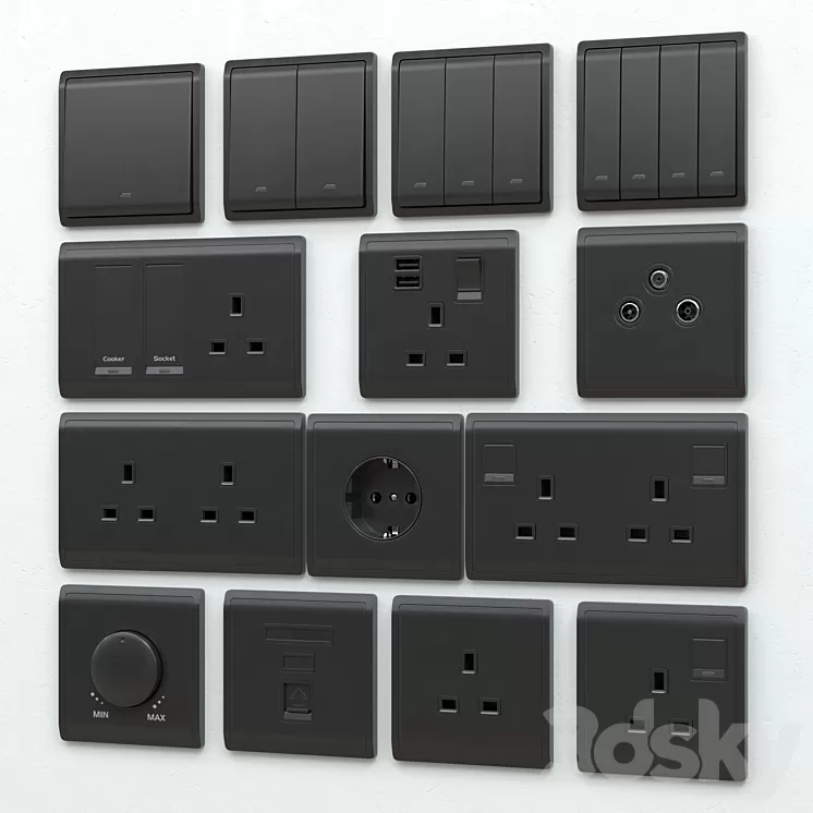 Schneider pieno switches & sockets matte black 3D Model