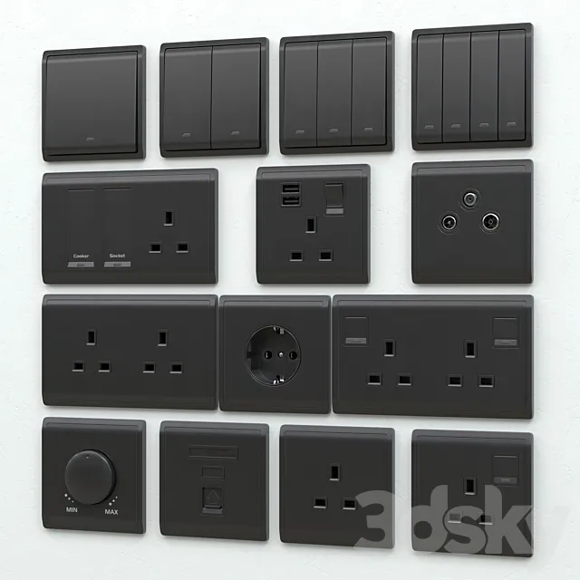 Schneider pieno switches & sockets matte black 3DModel Schneider pieno switches & sockets matte black 3DModel