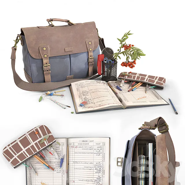 School bag and stationery 3D Model