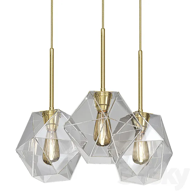 Sculptural Glass 3-Light Faceted Chandelier – Clear 3D Model