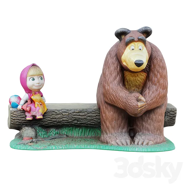 Sculpture of the characters Masha and the bear are sitting on a bench 3D Model Sculpture of the characters Masha and the bear are sitting on a bench 3D Model