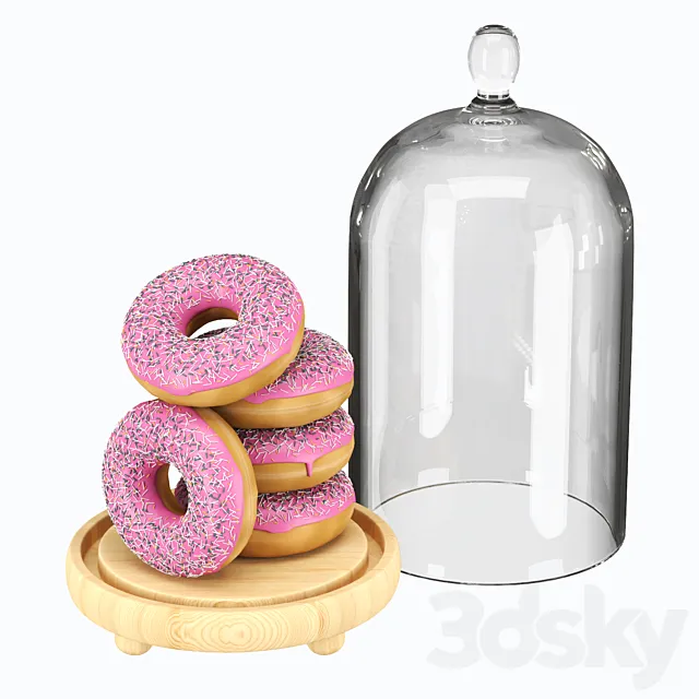 Serving dish with glass lid and donuts 3D Model
