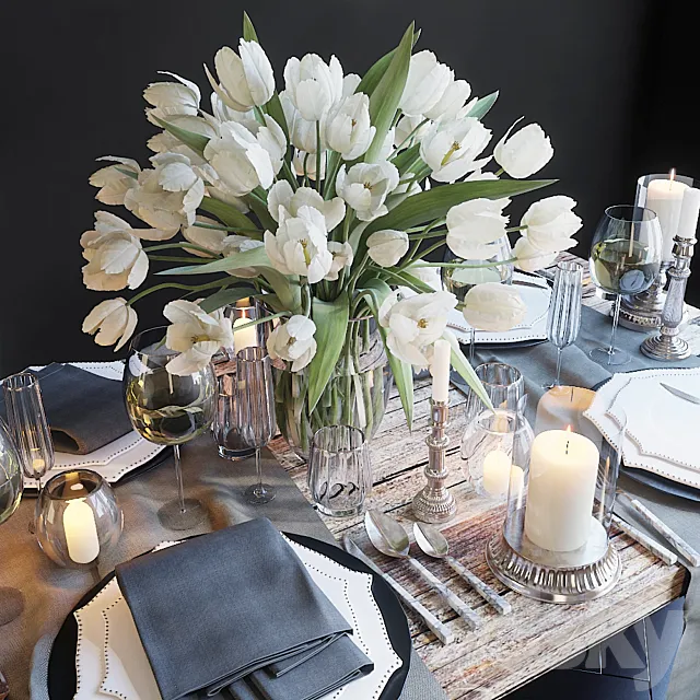 Serving the table 23. Serving with white tulips 3DModel